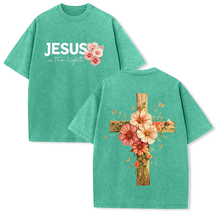 Christianartworkshop Jesus Is The Light Double Sided Floral Cross Graphic Washed Unisex T-Shirt - Green - 5XL - image 10