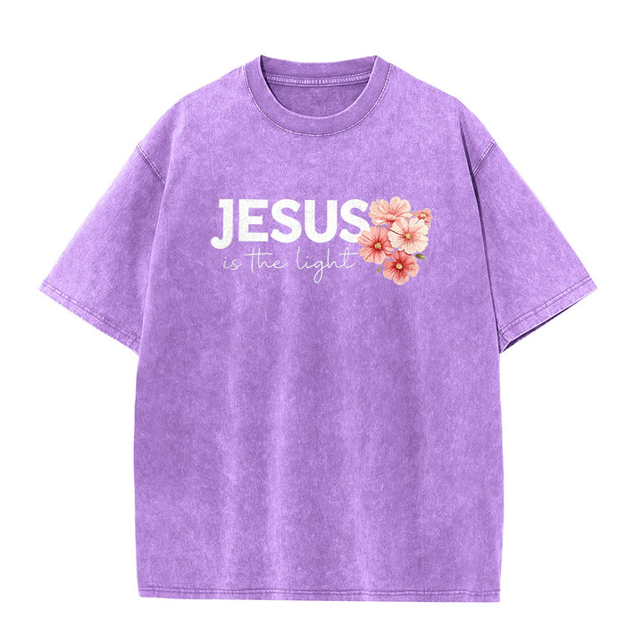 Christianartworkshop Jesus Is The Light Double Sided Floral Cross Graphic Washed Unisex T-Shirt - image 23