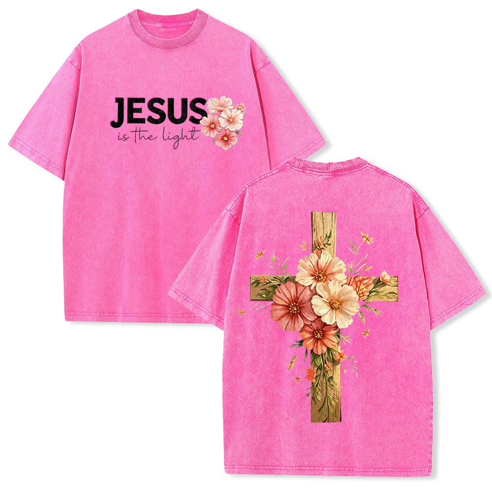 Christianartworkshop Jesus Is The Light Double Sided Floral Cross Graphic Washed Unisex T-Shirt - Pink - 5XL - image 19