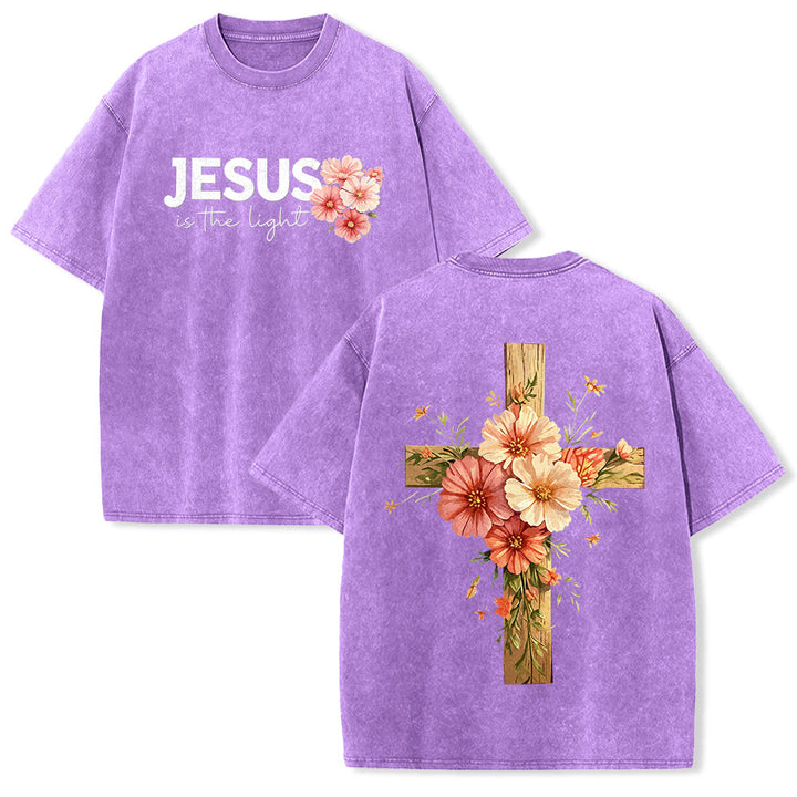Christianartworkshop Jesus Is The Light Double Sided Floral Cross Graphic Washed Unisex T-Shirt - Purple - 5XL - image 22