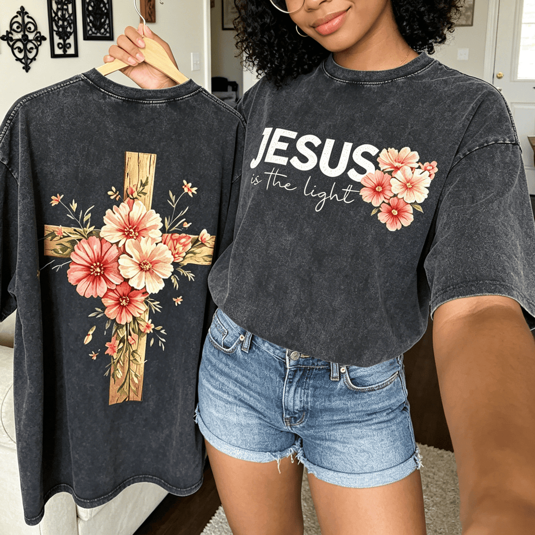 Christianartworkshop Jesus Is The Light Double Sided Floral Cross Graphic Washed Unisex T-Shirt - image 0