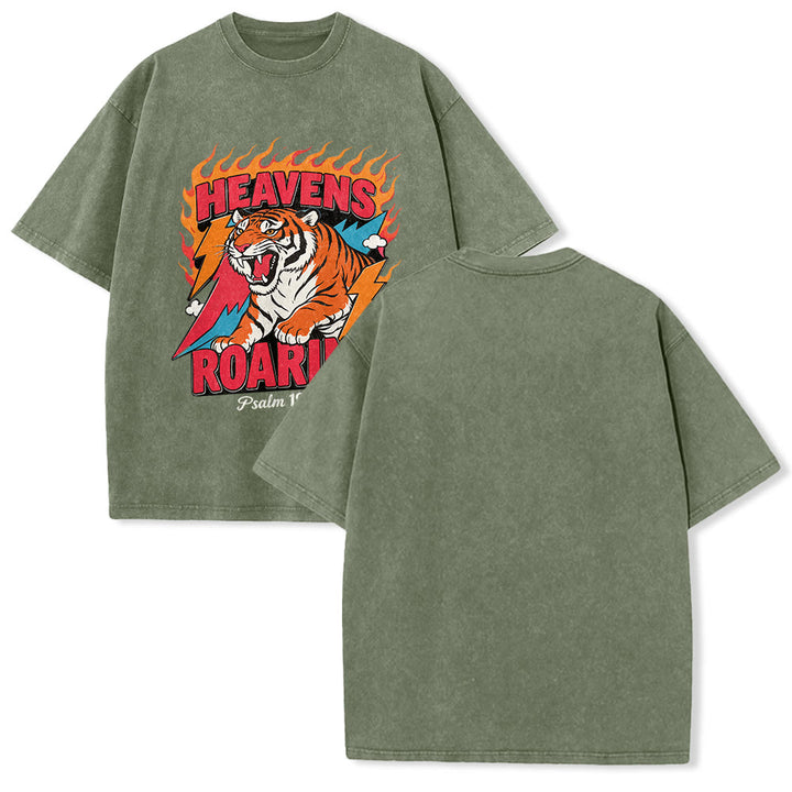 Christianartworkshop Heavens Roaring Tiger Flame Lightning Psalm 19:1 Retro Washed Unisex T-Shirt - Army Green - 5XL - image 10