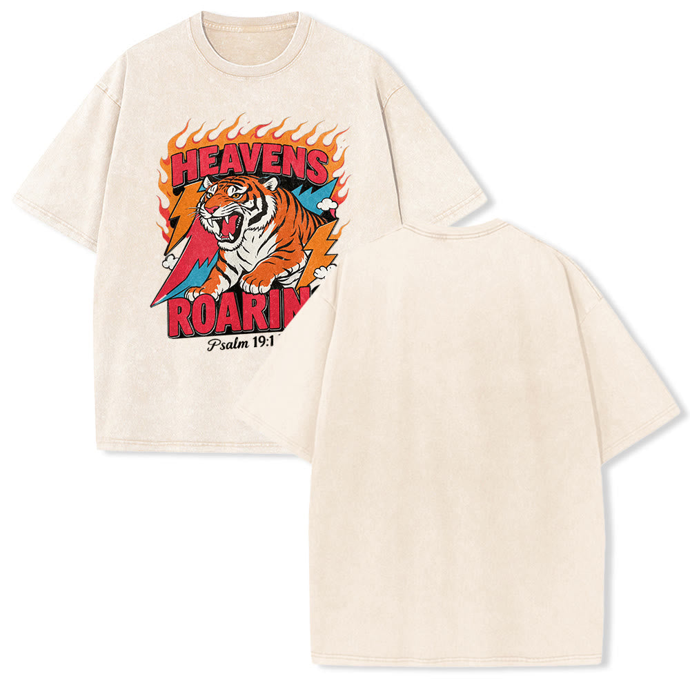 Christianartworkshop Heavens Roaring Tiger Flame Lightning Psalm 19:1 Retro Washed Unisex T-Shirt - Beige - 5XL - image 19