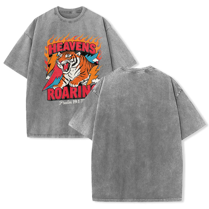 Christianartworkshop Heavens Roaring Tiger Flame Lightning Psalm 19:1 Retro Washed Unisex T-Shirt - Grey - 5XL - image 7