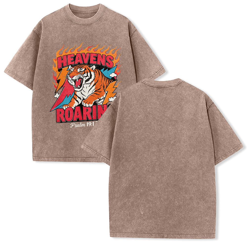 Christianartworkshop Heavens Roaring Tiger Flame Lightning Psalm 19:1 Retro Washed Unisex T-Shirt - Brown - 5XL - image 16