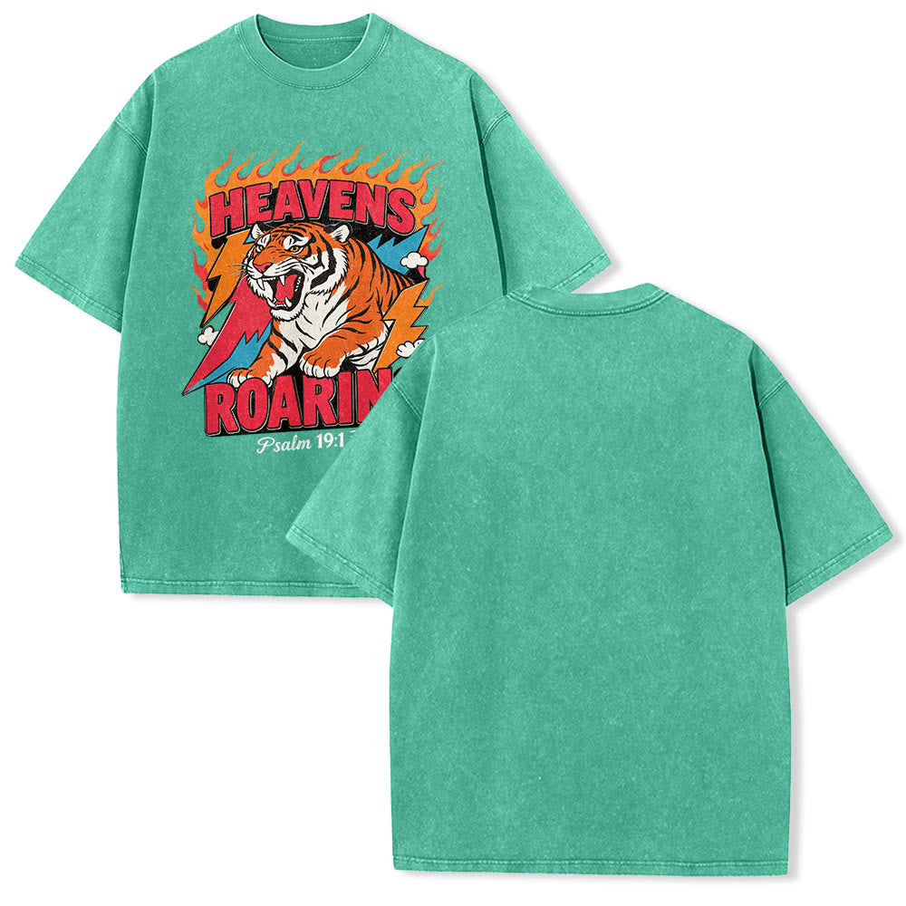 Christianartworkshop Heavens Roaring Tiger Flame Lightning Psalm 19:1 Retro Washed Unisex T-Shirt - Green - 5XL - image 13