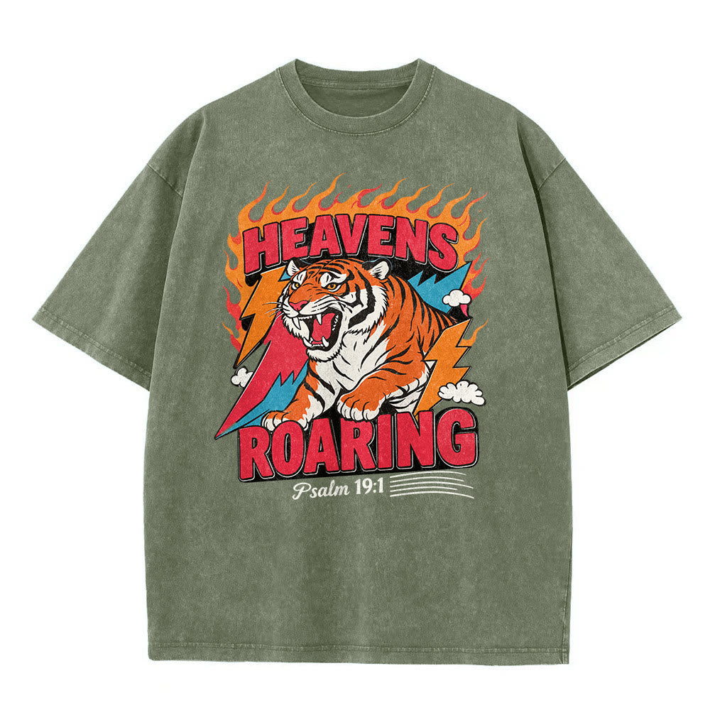 Christianartworkshop Heavens Roaring Tiger Flame Lightning Psalm 19:1 Retro Washed Unisex T-Shirt - image 11