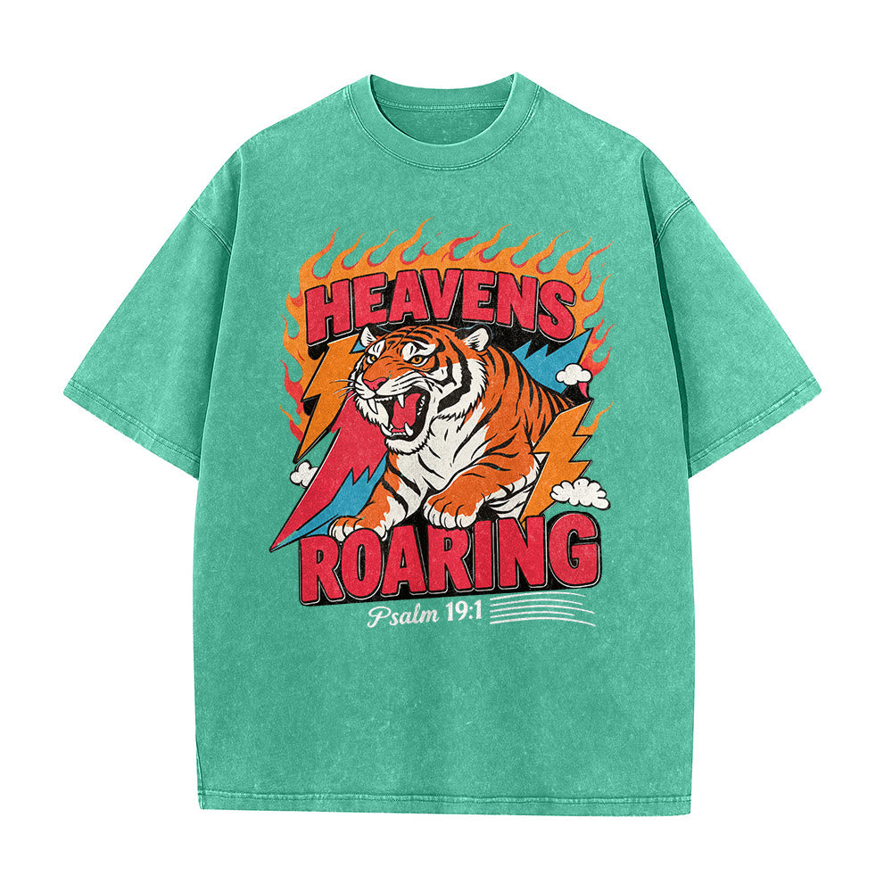 Christianartworkshop Heavens Roaring Tiger Flame Lightning Psalm 19:1 Retro Washed Unisex T-Shirt - image 14