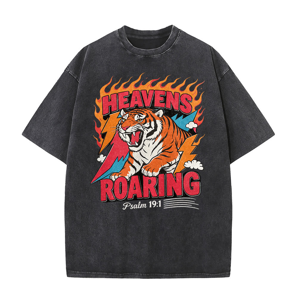 Christianartworkshop Heavens Roaring Tiger Flame Lightning Psalm 19:1 Retro Washed Unisex T-Shirt - image 5