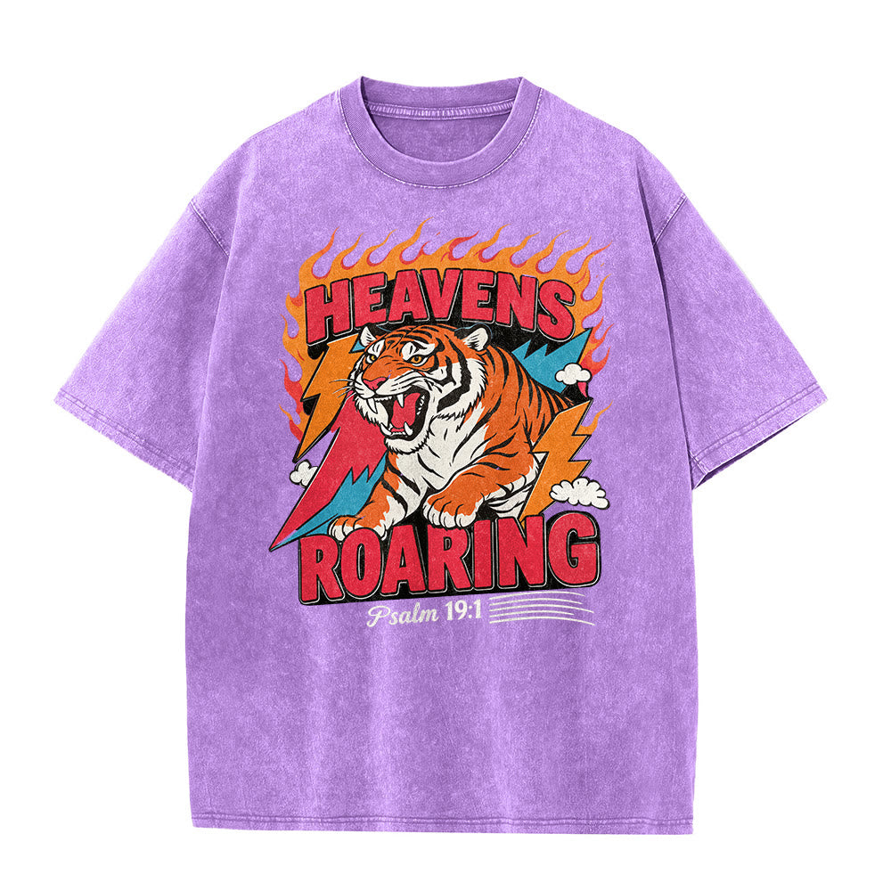 Christianartworkshop Heavens Roaring Tiger Flame Lightning Psalm 19:1 Retro Washed Unisex T-Shirt - image 26