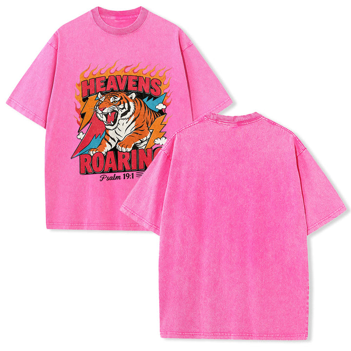 Christianartworkshop Heavens Roaring Tiger Flame Lightning Psalm 19:1 Retro Washed Unisex T-Shirt - Pink - 5XL - image 22