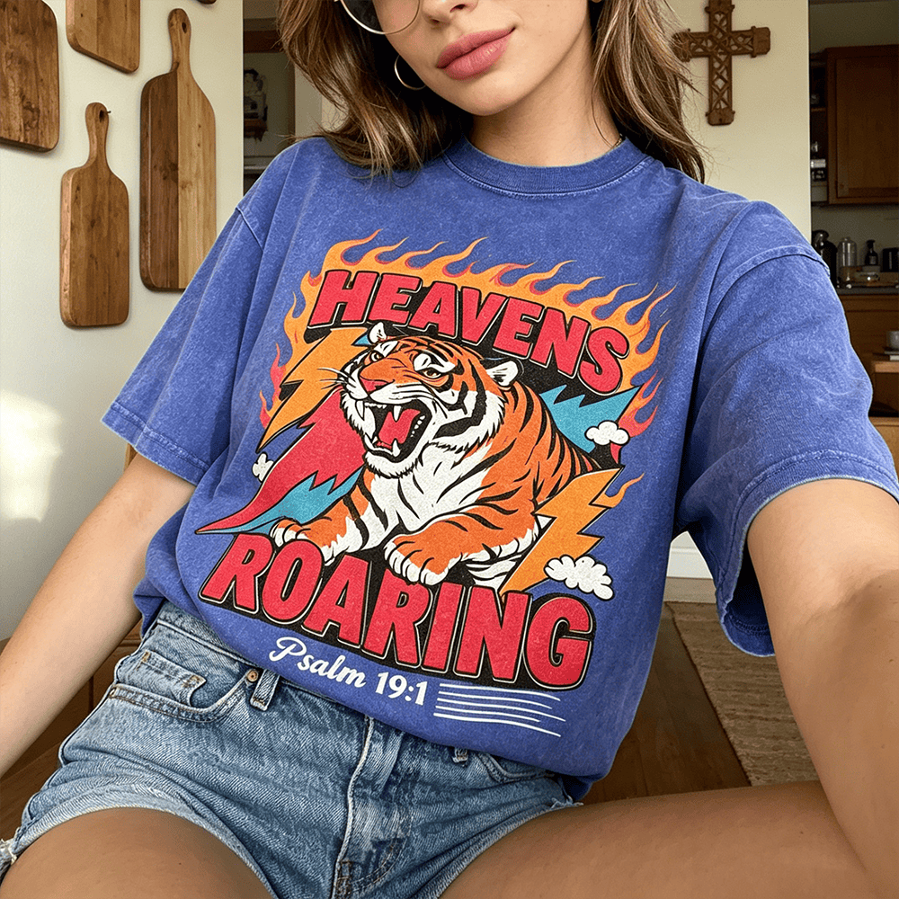 Christianartworkshop Heavens Roaring Tiger Flame Lightning Psalm 19:1 Retro Washed Unisex T-Shirt - image 0