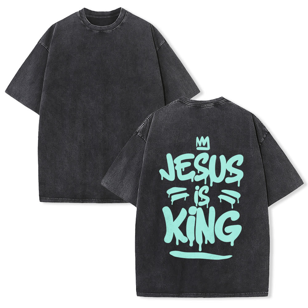 Christianartworkshop Jesus Is King Drip Graffiti Crown Back Print Vintage Washed Unisex T-Shirt - Black - 5XL - image 1