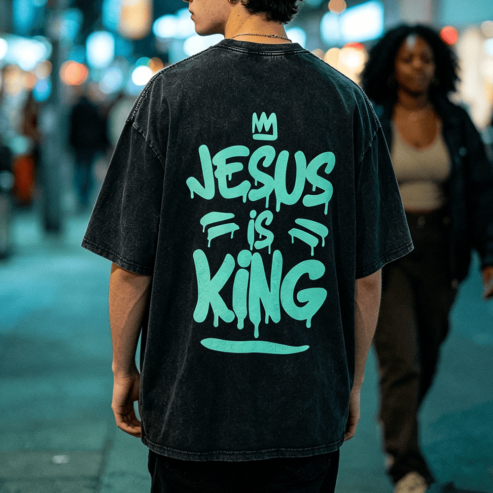 Christianartworkshop Jesus Is King Drip Graffiti Crown Back Print Vintage Washed Unisex T-Shirt - image 0