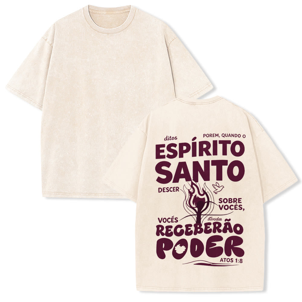 Christianartworkshop Espírito Santo Receberão Poder Flame Dove Acts 1 : 8 Back Print Vintage Washed Unisex T-Shirt - Beige - 5XL - image 1
