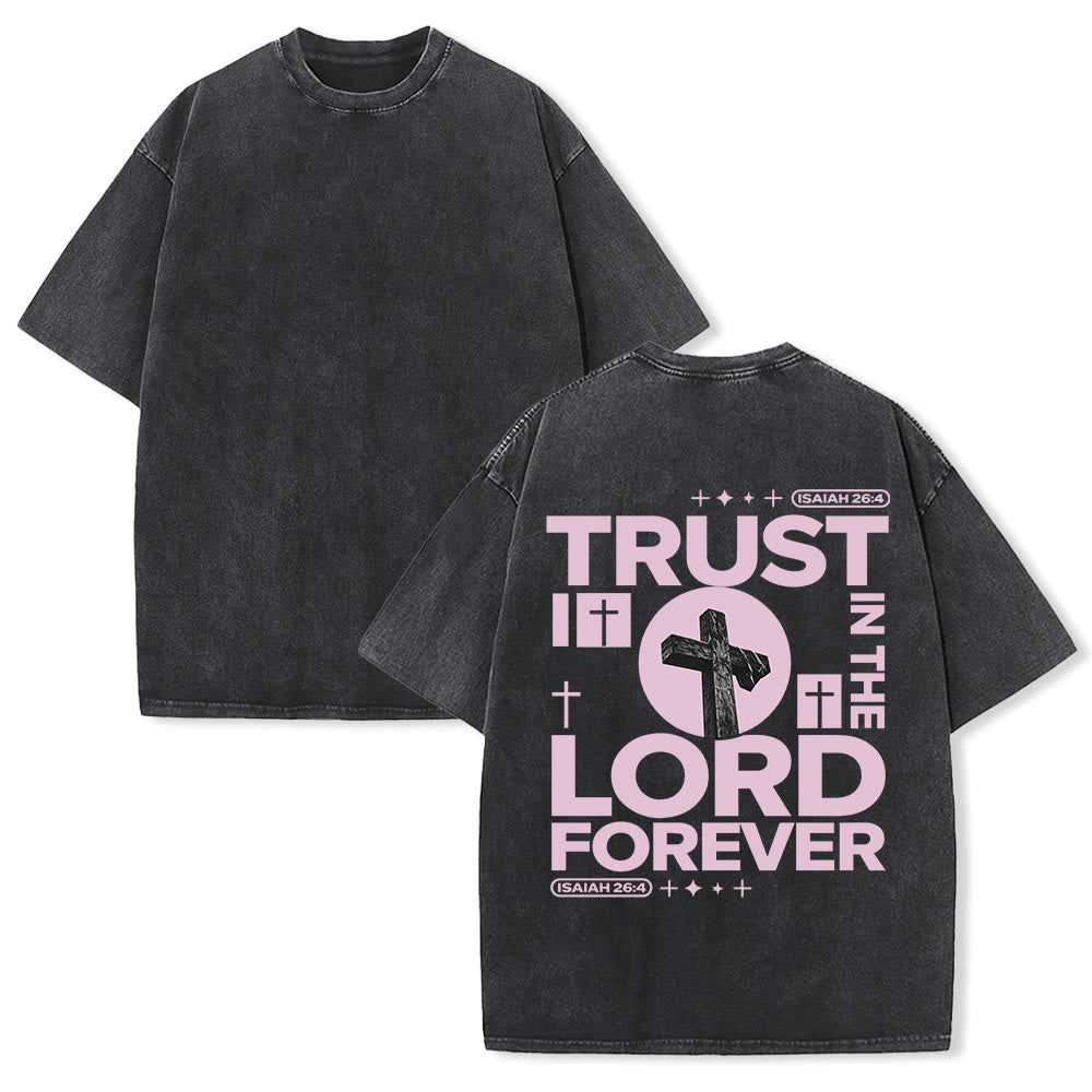 Christianartworkshop Trust In The Lord Forever Cross Star Verse Back Print Vintage Washed Unisex T-Shirt - Black - 5XL - image 1