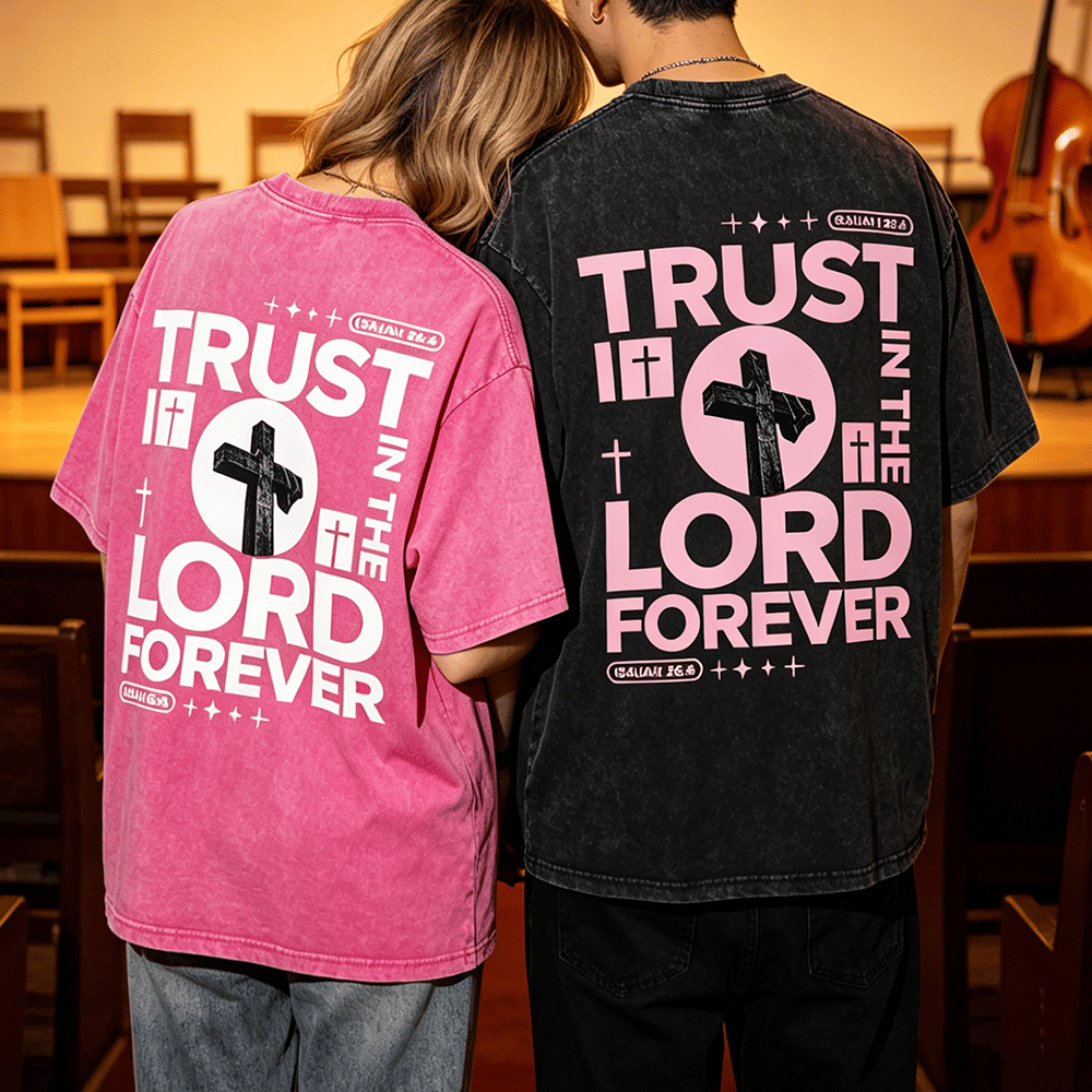 Christianartworkshop Trust In The Lord Forever Cross Star Verse Back Print Vintage Washed Unisex T-Shirt - image 0