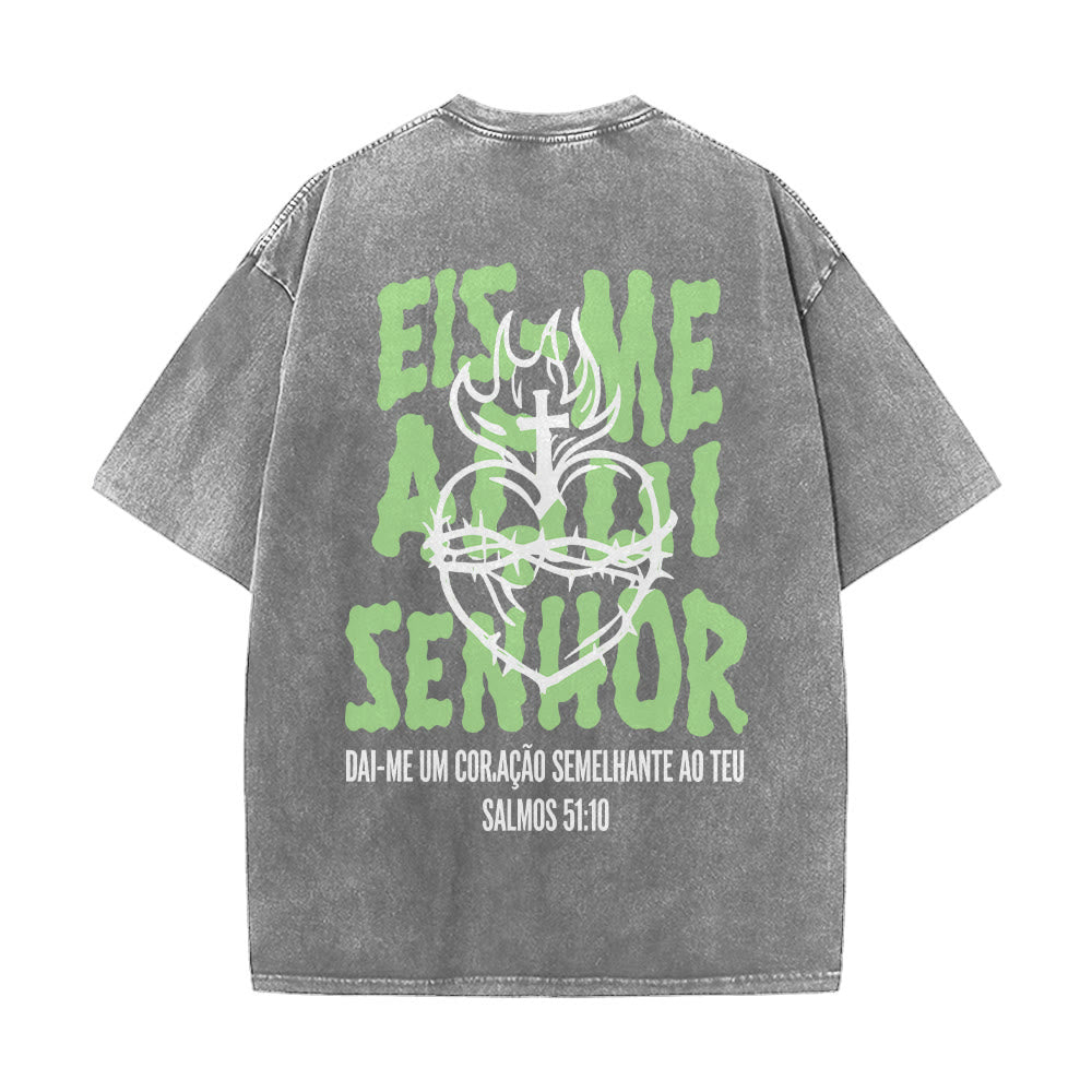 Christianartworkshop Portuguese Spiritual Phrase Thorn Sacred Heart Cross Flame Back Graphic Washed Unisex T-Shirt - image 26