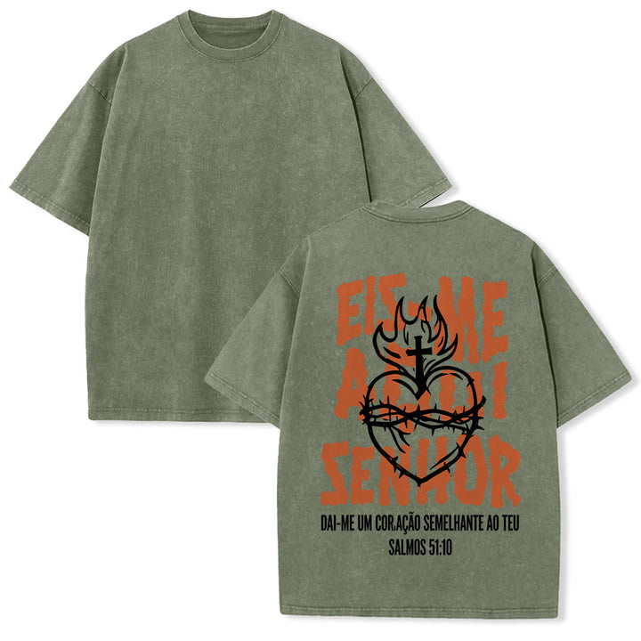 Christianartworkshop Portuguese Spiritual Phrase Thorn Sacred Heart Cross Flame Back Graphic Washed Unisex T-Shirt - Army Green - 5XL - image 16