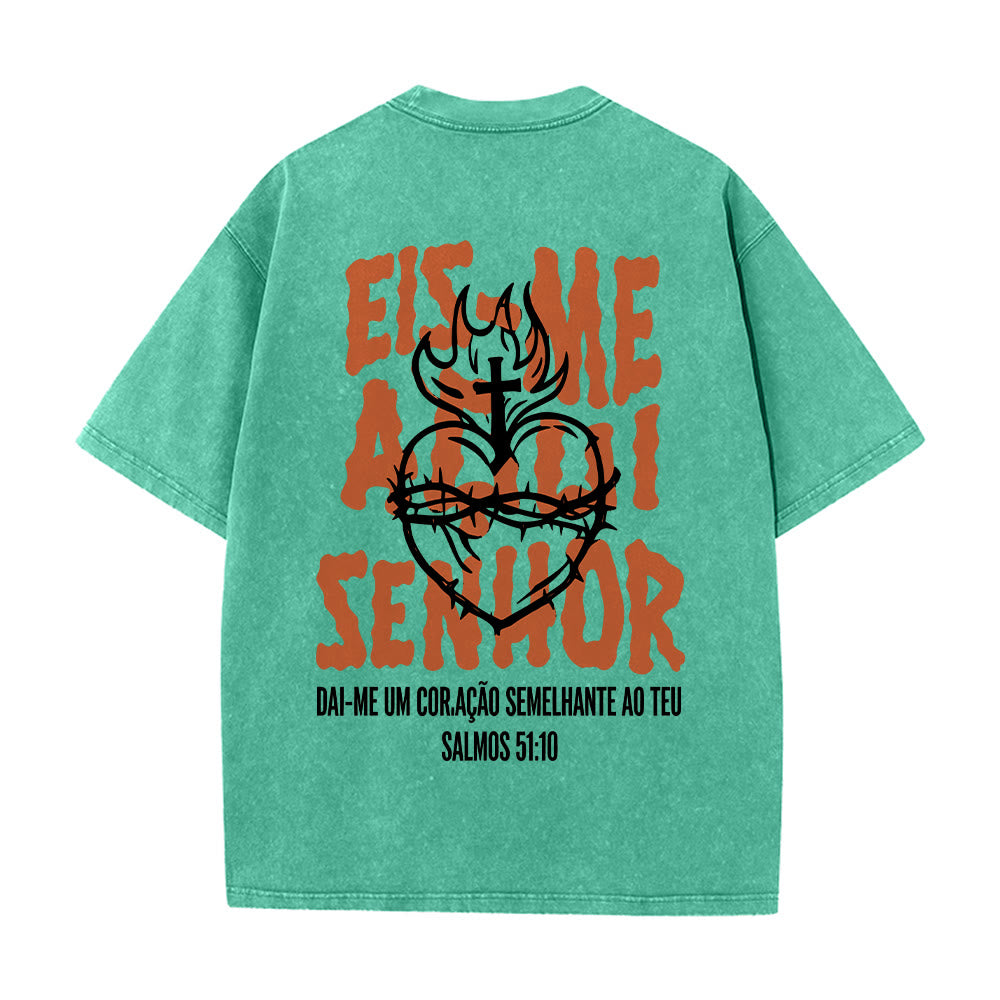 Christianartworkshop Portuguese Spiritual Phrase Thorn Sacred Heart Cross Flame Back Graphic Washed Unisex T-Shirt - image 14