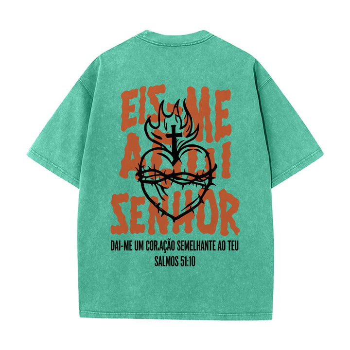 Christianartworkshop Portuguese Spiritual Phrase Thorn Sacred Heart Cross Flame Back Graphic Washed Unisex T-Shirt - image 14