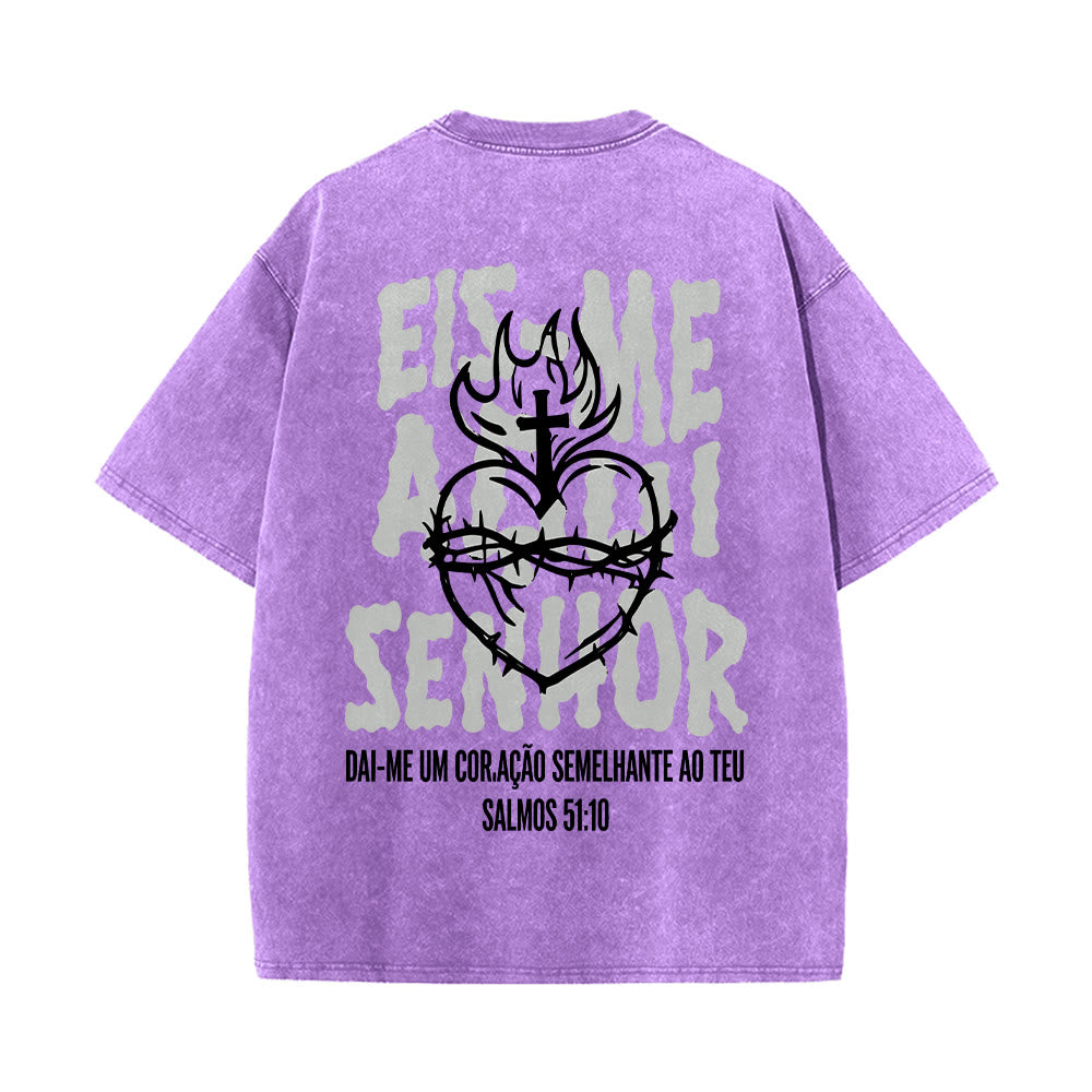 Christianartworkshop Portuguese Spiritual Phrase Thorn Sacred Heart Cross Flame Back Graphic Washed Unisex T-Shirt - image 23