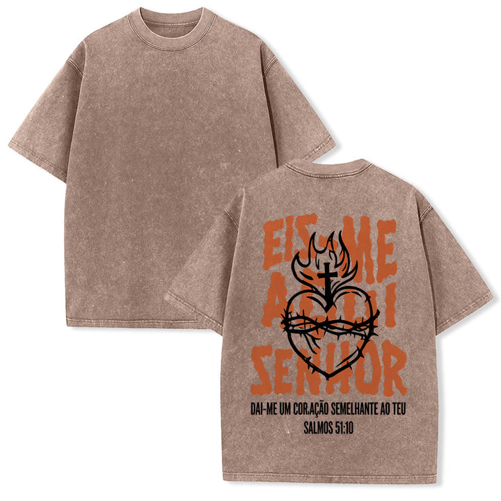 Christianartworkshop Portuguese Spiritual Phrase Thorn Sacred Heart Cross Flame Back Graphic Washed Unisex T-Shirt - Brown - 5XL - image 19