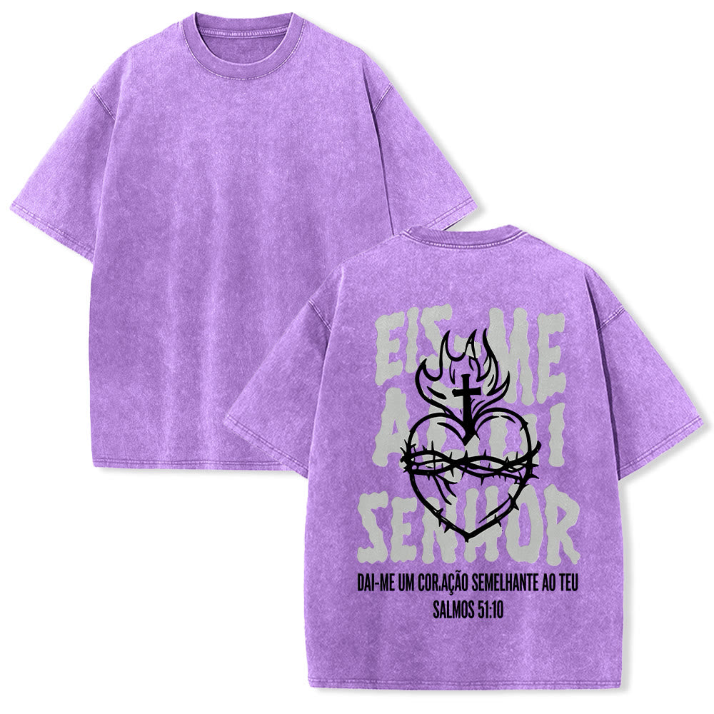 Christianartworkshop Portuguese Spiritual Phrase Thorn Sacred Heart Cross Flame Back Graphic Washed Unisex T-Shirt - Purple - 5XL - image 22