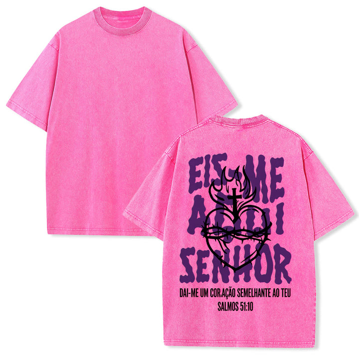 Christianartworkshop Portuguese Spiritual Phrase Thorn Sacred Heart Cross Flame Back Graphic Washed Unisex T-Shirt - Pink - 5XL - image 7