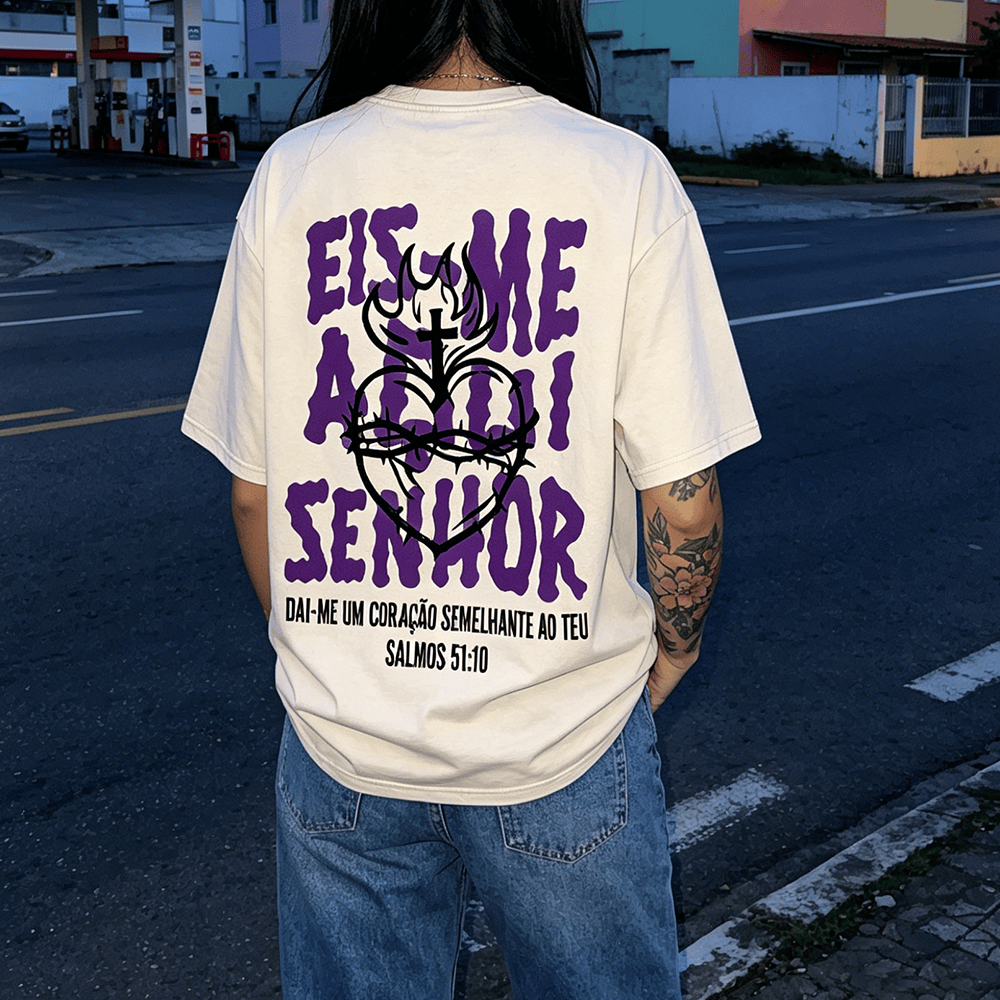 Christianartworkshop Portuguese Spiritual Phrase Thorn Sacred Heart Cross Flame Back Graphic Washed Unisex T-Shirt - image 0