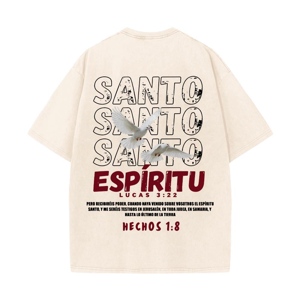 Christianartworkshop Spanish Holy Spirit Slogan Double Dove Distressed Font Back Graphic Washed Unisex T-Shirt - image 2