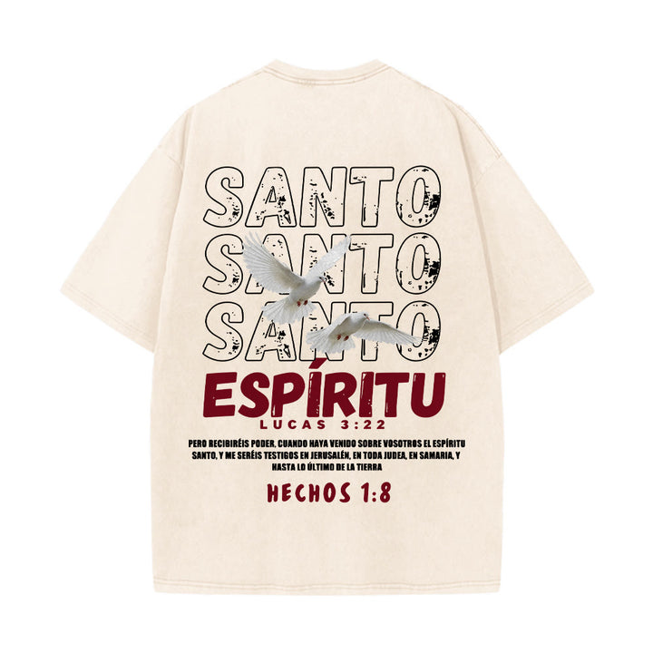 Christianartworkshop Spanish Holy Spirit Slogan Double Dove Distressed Font Back Graphic Washed Unisex T-Shirt - image 2