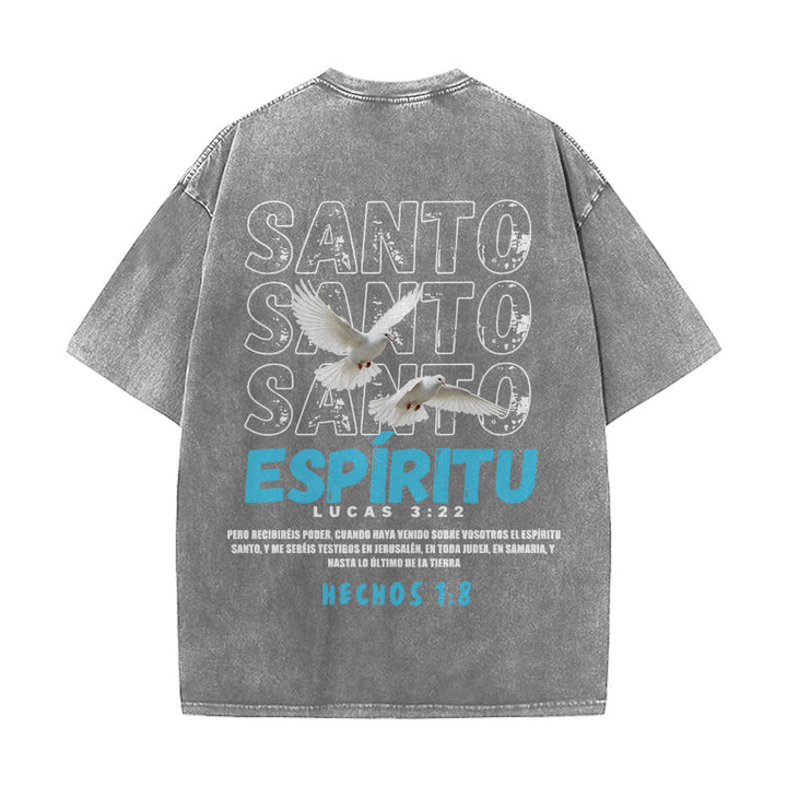 Christianartworkshop Spanish Holy Spirit Slogan Double Dove Distressed Font Back Graphic Washed Unisex T-Shirt - image 14