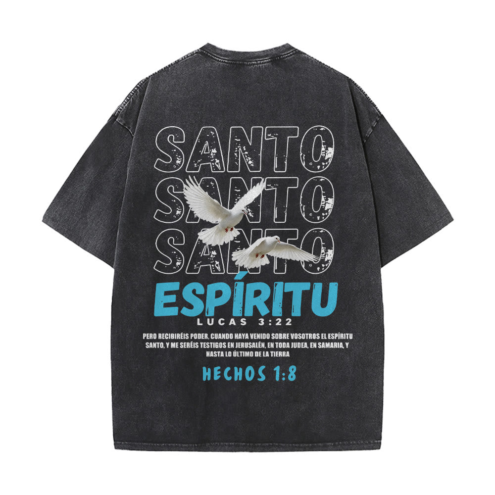 Christianartworkshop Spanish Holy Spirit Slogan Double Dove Distressed Font Back Graphic Washed Unisex T-Shirt - image 5