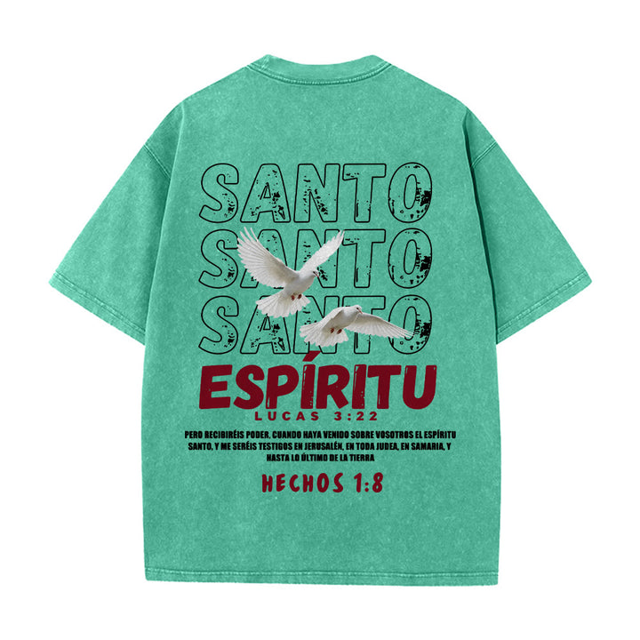 Christianartworkshop Spanish Holy Spirit Slogan Double Dove Distressed Font Back Graphic Washed Unisex T-Shirt - image 8