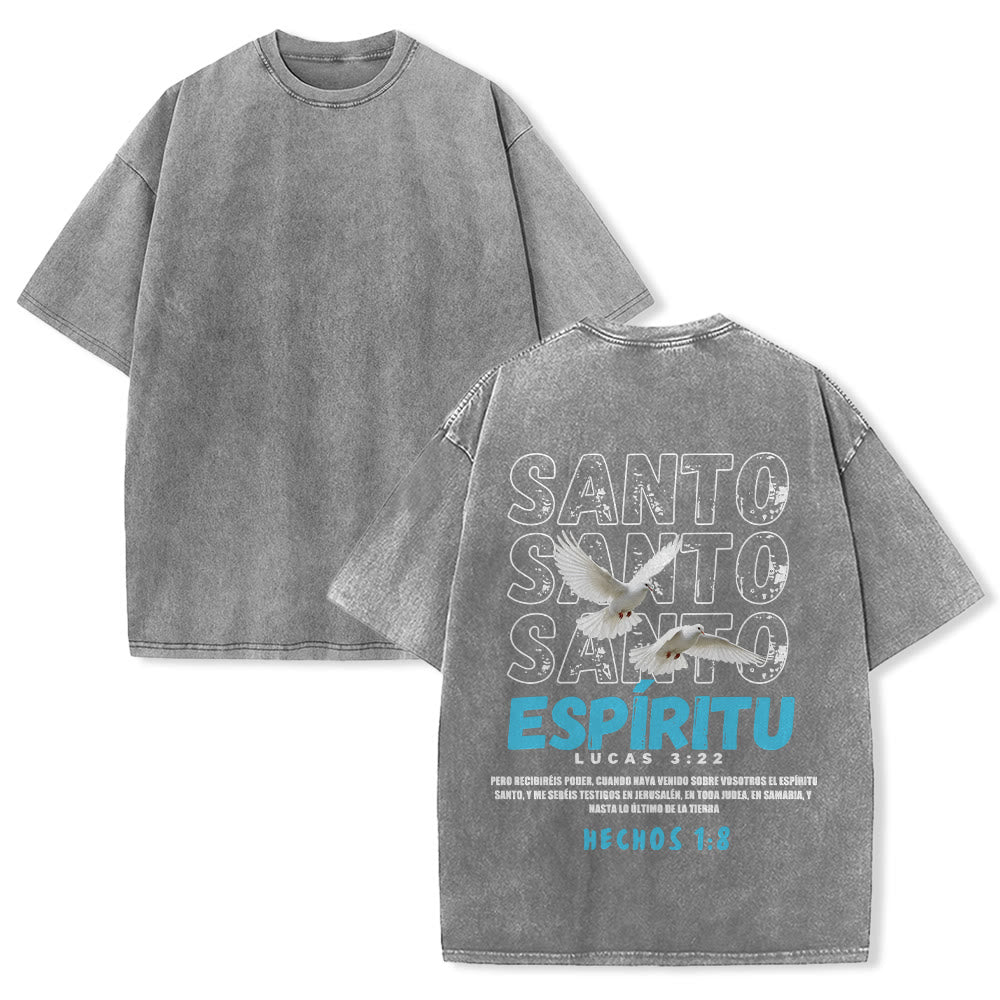 Christianartworkshop Spanish Holy Spirit Slogan Double Dove Distressed Font Back Graphic Washed Unisex T-Shirt - Grey - 5XL - image 13