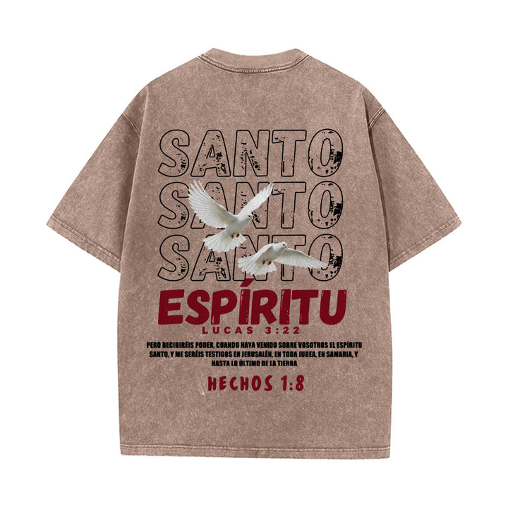 Christianartworkshop Spanish Holy Spirit Slogan Double Dove Distressed Font Back Graphic Washed Unisex T-Shirt - image 20