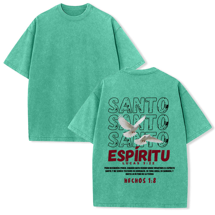 Christianartworkshop Spanish Holy Spirit Slogan Double Dove Distressed Font Back Graphic Washed Unisex T-Shirt - Green - 5XL - image 7