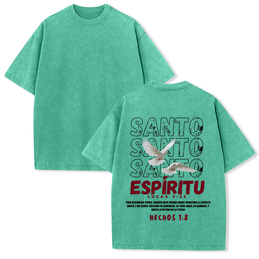 Christianartworkshop Spanish Holy Spirit Slogan Double Dove Distressed Font Back Graphic Washed Unisex T-Shirt - Green - 5XL - image 7