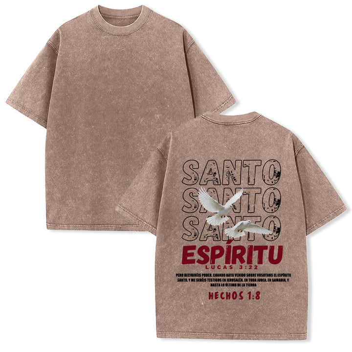 Christianartworkshop Spanish Holy Spirit Slogan Double Dove Distressed Font Back Graphic Washed Unisex T-Shirt - Brown - 5XL - image 19