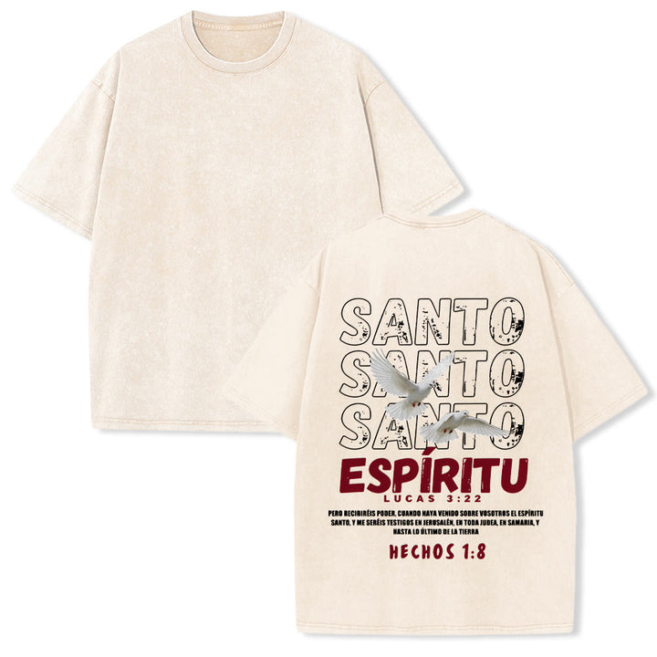 Christianartworkshop Spanish Holy Spirit Slogan Double Dove Distressed Font Back Graphic Washed Unisex T-Shirt - Beige - 5XL - image 1