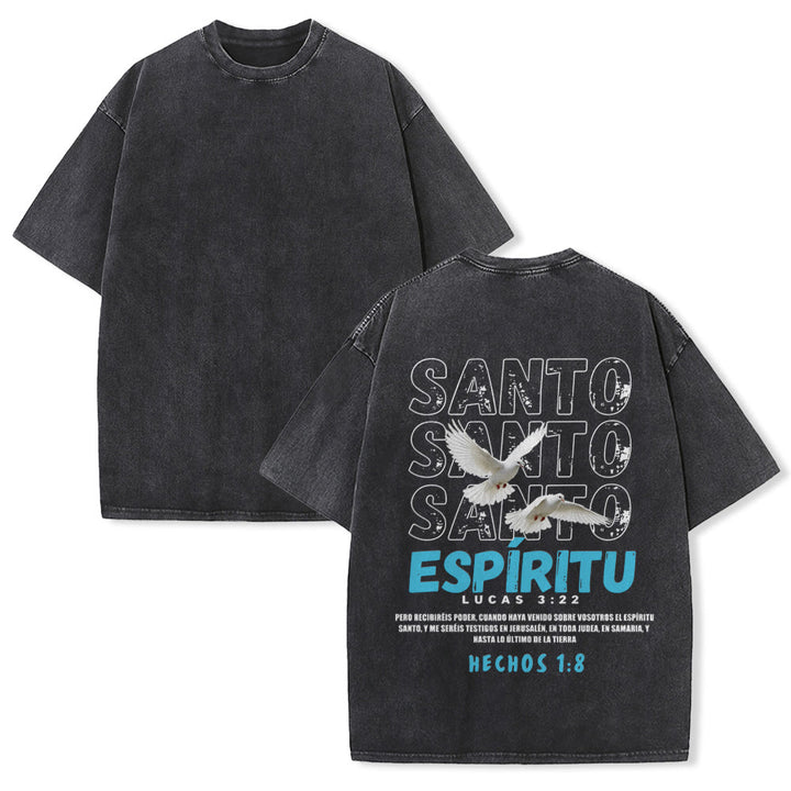 Christianartworkshop Spanish Holy Spirit Slogan Double Dove Distressed Font Back Graphic Washed Unisex T-Shirt - Black - 5XL - image 4