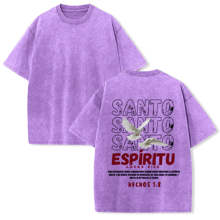 Christianartworkshop Spanish Holy Spirit Slogan Double Dove Distressed Font Back Graphic Washed Unisex T-Shirt - Purple - 5XL - image 25