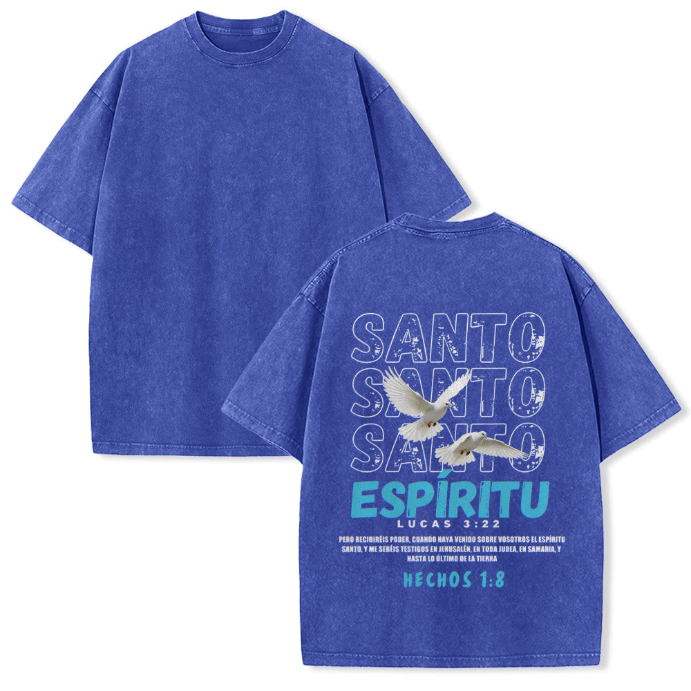 Christianartworkshop Spanish Holy Spirit Slogan Double Dove Distressed Font Back Graphic Washed Unisex T-Shirt - Blue - 5XL - image 10