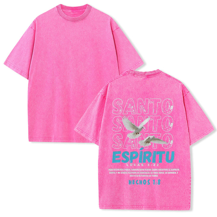 Christianartworkshop Spanish Holy Spirit Slogan Double Dove Distressed Font Back Graphic Washed Unisex T-Shirt - Pink - 5XL - image 22
