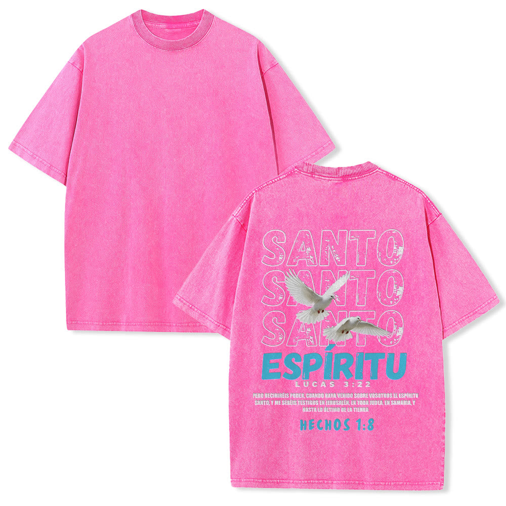 Christianartworkshop Spanish Holy Spirit Slogan Double Dove Distressed Font Back Graphic Washed Unisex T-Shirt - Pink - 5XL - image 22