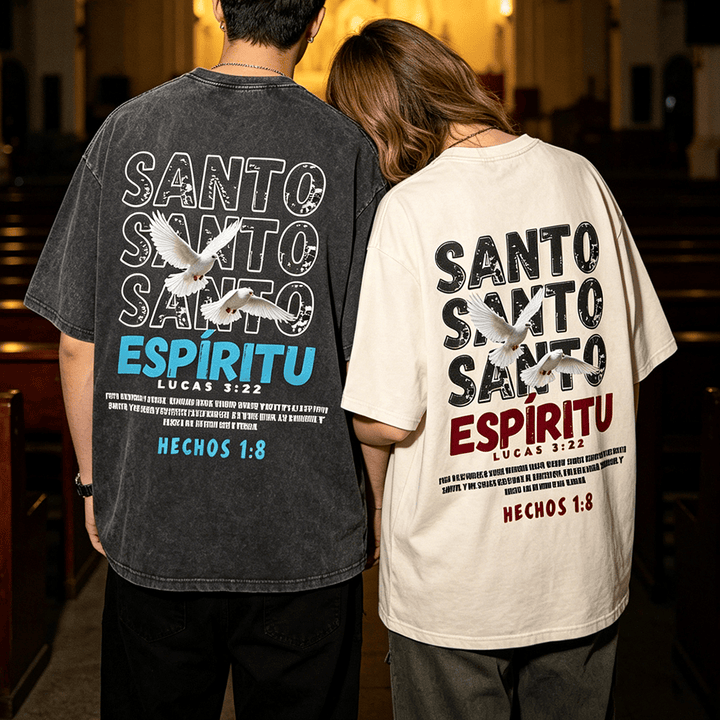Christianartworkshop Spanish Holy Spirit Slogan Double Dove Distressed Font Back Graphic Washed Unisex T-Shirt - image 0