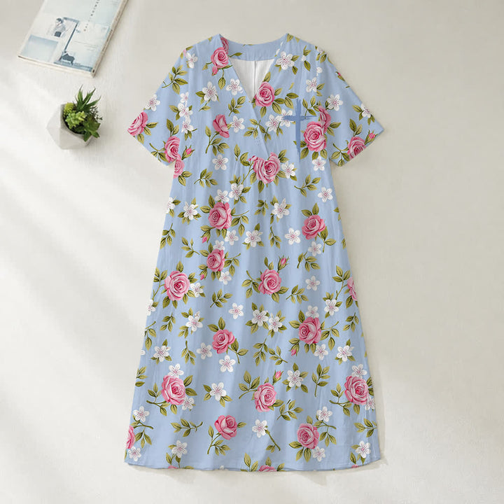 Christianartworkshop Summer Oversized Floral Print Cross Graphic V-Neck Short Sleeve Midi Dress - Rose Garden - 4XL - image 0