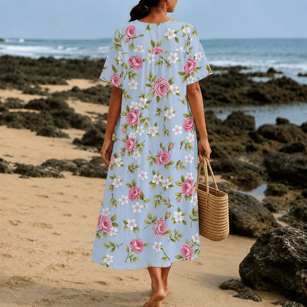 Christianartworkshop Summer Oversized Floral Print Cross Graphic V-Neck Short Sleeve Midi Dress - image 3