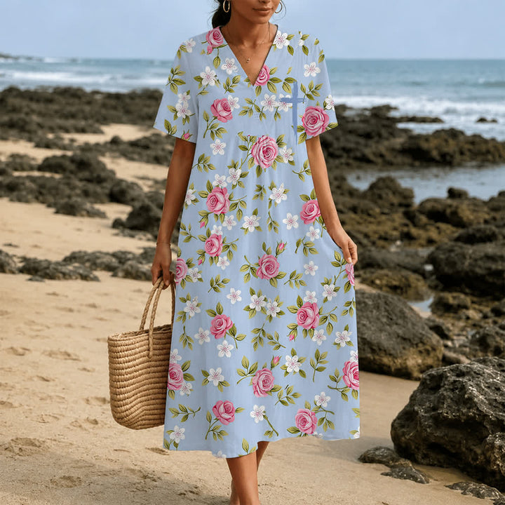 Christianartworkshop Summer Oversized Floral Print Cross Graphic V-Neck Short Sleeve Midi Dress - image 2